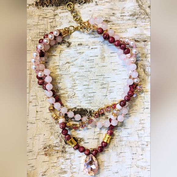 Swarovski Pink & Rose Quartz And Red Turquoise Wrapped Bead Necklace & Earrings - Picture 8 of 12